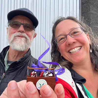 2025 Outstanding Volunteer Award winner Bill Hildebrandt with Sarah Mowry, the Land Trust's Community Engagement Director. Photo: Land Trust.