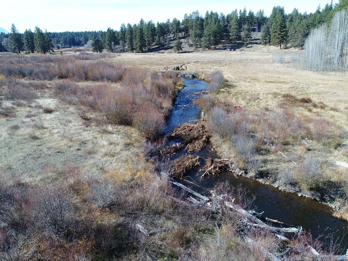 An aerial view of the new juniper log structures that were put into Whychus Creek to help with stream restoration. Photo: Anabranch Solutions.