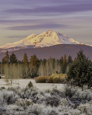 A winter sunrise over the Sisters at Indian Ford Meadow Preserve. Photo: Kathy Lowery.